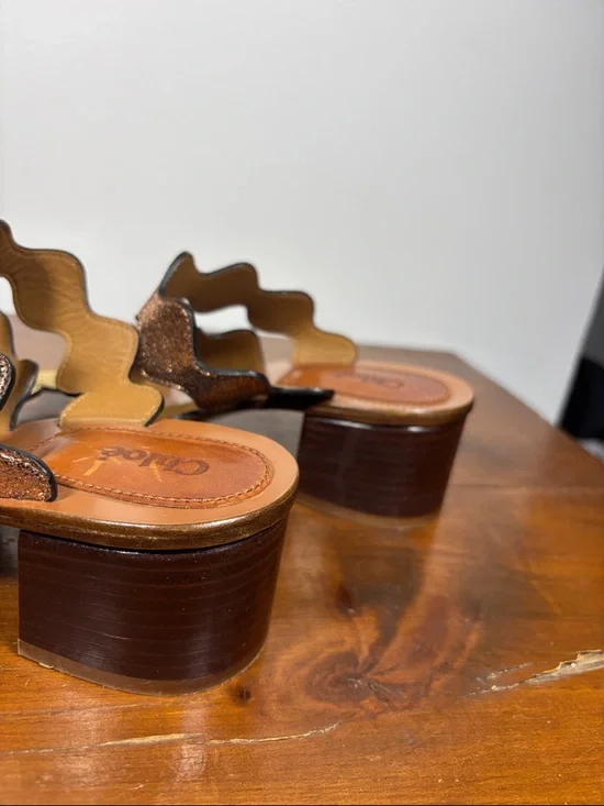 Chloé Metallic Wave Strap Leather Slide Heels Sandals Woman Size 37 earthy Tone - Picture 12 of 16